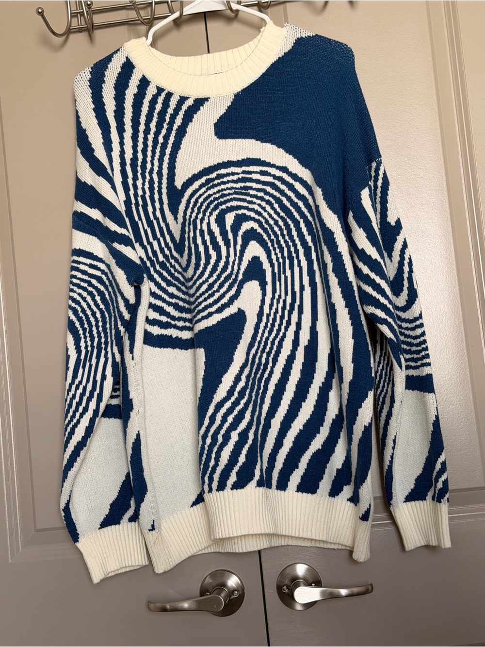 Aelfric Eden Blue and Cream Abstract Swirl Knit Crewneck Sweater